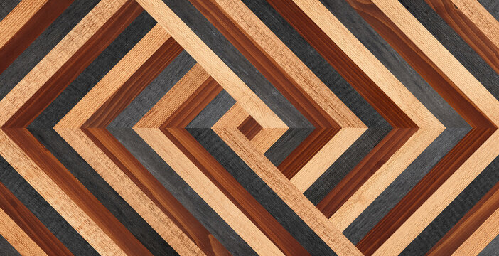 Dark brown parquet floor with chevron pattern. Wood texture background. Vintage wooden wall made of narrow planks. 