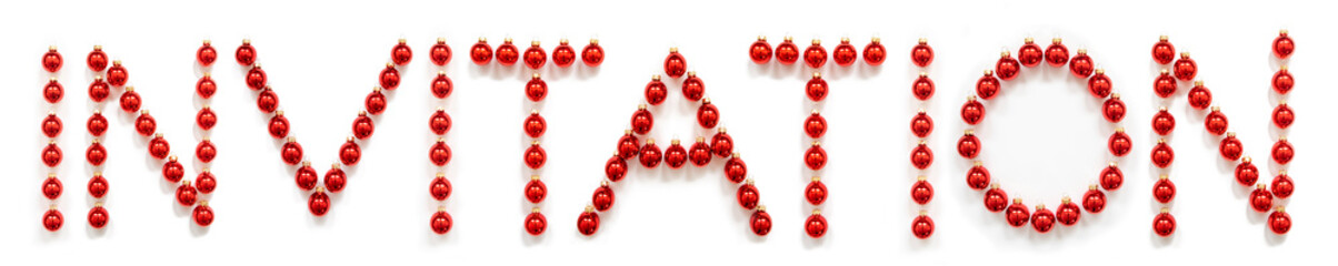 Red Christmas Ball Ornament Building English Word Invitation. Festive Christmas Decoration. White Isolated Background