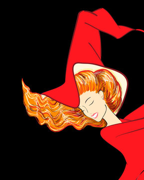 The Cartoon-Style Portrait of a Halloween Witch. Vector illustration of a Beautiful Redhead Girl with a High Red Hat and Windy Curly Hair. Freehand Drawing. Free Hand Draw. Vintage, Pinup Style.