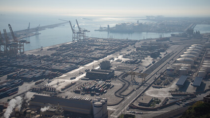 Aerial view on industrial port in misty morning