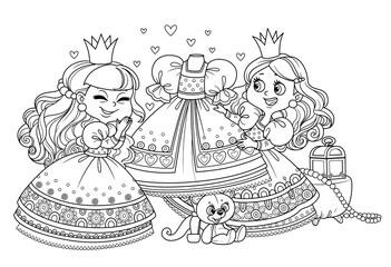 Two cute princess consider a ball gown on a mannequin outlined for coloring book © Azuzl