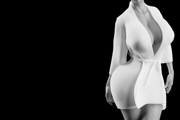 Naklejka premium Beautiful busty woman in white bathtub with big cleavage black and white