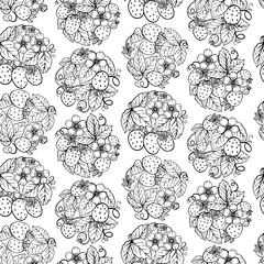 Seamless pattern with Strawberry berry, flowers and leaves. Graphic hand drawn flat style. Doodle illustration for packaging, menu cards, posters, prints.	
