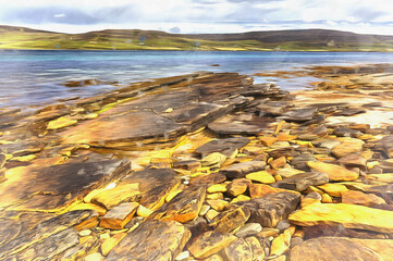 Sea coast near Broch of Gurness colorful painting