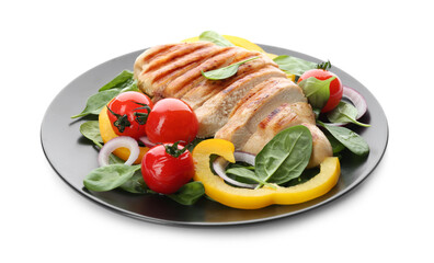 Delicious grilled chicken with fresh vegetables and spinach isolated on white