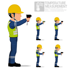 Set of industrial worker using pyrometer for measuring temperature.