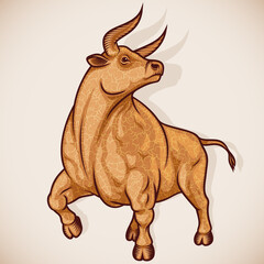 Ox or Taurus is sign of zodiac of New Year. Strong, muscular proud Bull is decorated of curly wool. Animal character for mascot, poster, calendar design. Inky strokes drawing style vector illustration