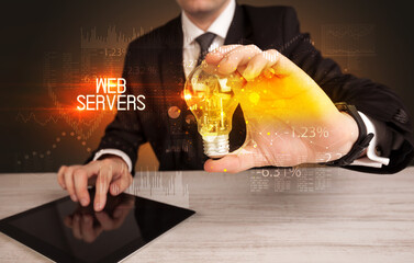 Businessman holding lightbulb with WEB SERVERS inscription, Business technology concept