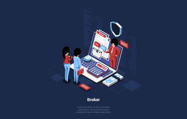 Isometric Vector Illustration, People Analyzing Data, Graphs And Reports For Money Investment Purposes. Trading And Broker Business Concept Composition In Cartoon 3D Style With Infographics And Laptop