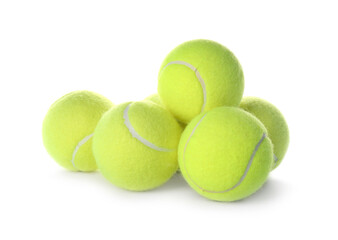 Heap of tennis balls on white background. Sports equipment