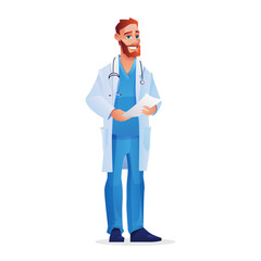 Doctor in blue scrub top and pants, with white coat isolated man. Vector medical worker with sheet of paper, appointment to patient. Physician, bearded pediatrician with prescription or therapy list