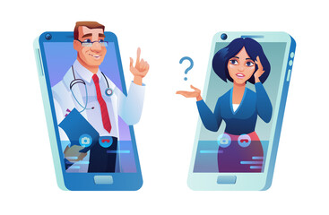 Online consultation via smartphone, doctor and patient, woman with headache. Vector male practitioners in glasses with folder and stethoscope consulting ill person in mobile phone, medical support