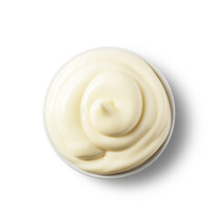 Fresh mayonnaise in a bowl on a white isolated background. Top view.