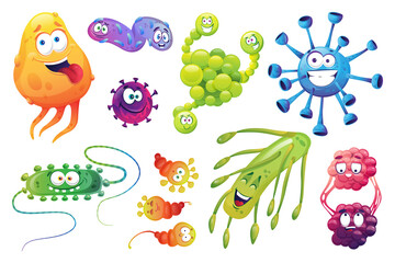 Set of bacterial pathogen characters, biological monsters emoji emoticons isolated. Vector happy bacteria, virus germs cartoon characters for kids. Microbes microorganisms, viruses funny mutants