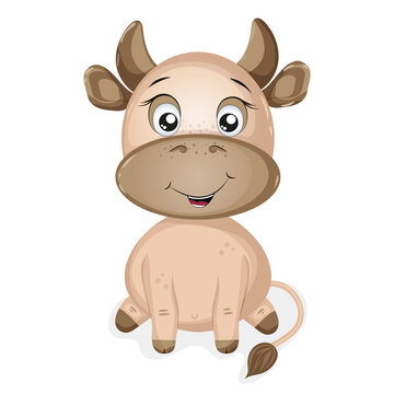 Cartoon bull on a white background. Cute symbol of the year 2021.
