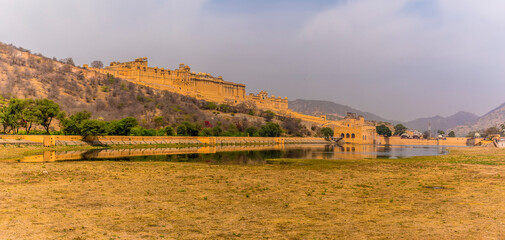 A view from the southern end of Maotha lake in Jaipur, Rajasthan, India