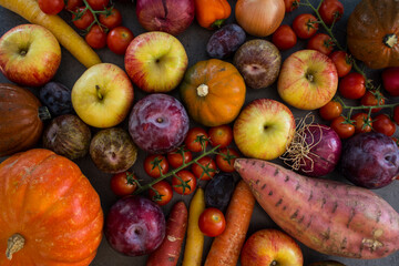 Fresh vegetables on grey table. Top view photo of butternut, gem squash, pumpkin, golden nugget, carrot, cherry tomatoes,  apples, sweet potato, red onion. Autumn harvest. 
