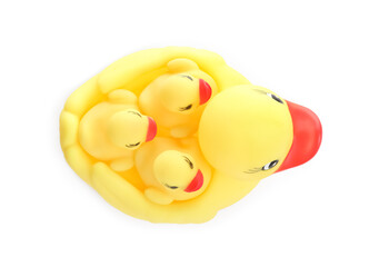 Cute rubber toy ducks isolated on white, top view