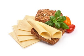 Toast soft cheese slices with Whole grain rye bread slices, isolated on white background