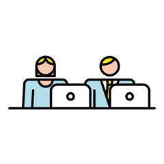 business couple with laptop avatars characters workers