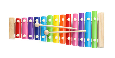 Colorful toy xylophone isolated on white, top view