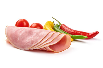 Boiled Ham Slices, close-up, isolated on a white background