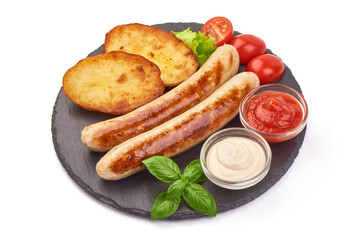 Grilled German white sausages, Thuringer Rostbratwurst, isolated on white background