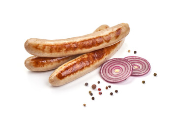 Grilled German white sausages, Thuringer Rostbratwurst, isolated on white background