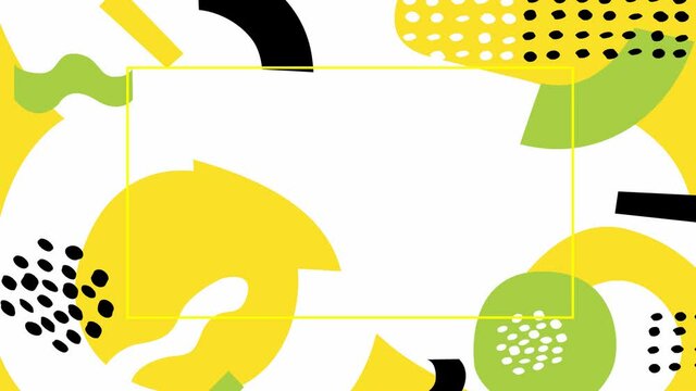 Animated abstract modern colorful background with yellow frame and copyspace. Different shapes on a white background. Looped video. Bright flat vector illustration.
