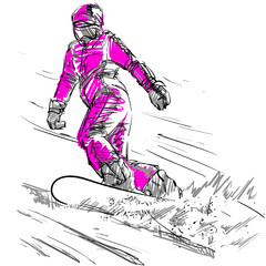 Sketch of Snowboarder on a Slope. Vector Illustration on a White Background Isolated. Freehand Drawing. Extreme Winter Sports. Realistic Sketch. Sketched Snowboard Rider. Linear Design. Young Athlete

