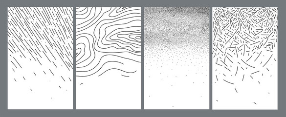 Set of Modern stylish backgrounds with abstract hand drawing doodles, resembling weather Natural phenomena, rain, waves, puddles, fog.