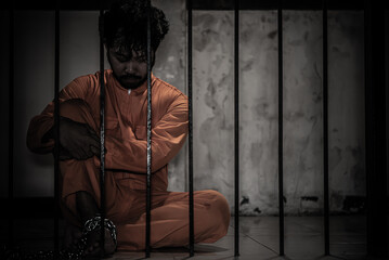 Asian man desperate at the iron prison,prisoner concept,thailand people,Hope to be free,Serious...