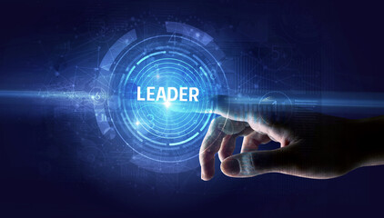 Hand touching LEADER button, modern business technology concept