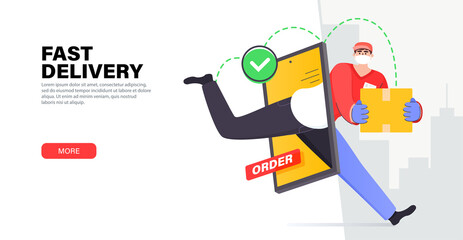 Fast online delivery service package. Courier in mask deliver parcel box through smartphone screen. Modern delivery service. Online shop in your smartphone. Stylish vector illustration in flat style.