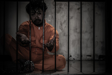 Asian man desperate at the iron prison,prisoner concept,thailand people,Hope to be free,Serious...