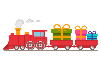 Christmas red steam locomotive with carriages with gifts.Winter holiday gifts.Vector flat illustration. .Retro train delivery railway present.Isolated on white background. © dukesn