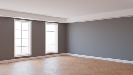 Beautiful Interior Corner with Gray Walls, Parquet Floor, Two Large White Windows and a White Plinth with Work Path on Windows. 3d render. Ultra HD 8K 7680x4320