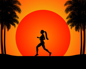 The silhouette of the running woman in the beach in front of the sunset, with palm trees.