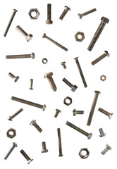 Abstract artistic background of assorted screws bolts and nuts isolated on white