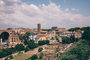 Fototapeta na wymiar Panoramic view of Roman forum, also known by Forum Romanum