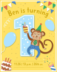 Birthday party greeting card template with cute monkey. Anniversary poster for kids. Bright holiday illustration with funny tropical character, cake, balloon. Festive one year old design for children.