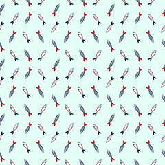 Fototapeta na wymiar Seamless Pattern with hand drawn colorful ornate Fishes. Colored Pencils Drawing in scandinavian style. Funny red blue babe background for print, textile, fabric, scrapbooking, wrapping paper, cover