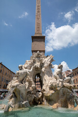 Closeup view of Fontana dei Quattro Fiumi (Fountain of the Four Rivers)