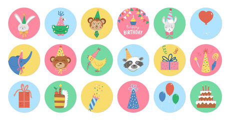 Cute set of round Birthday highlight icons or avatar designs with cute animals heads, cake, present. Vector anniversary holiday pin or badge design isolated on white background .