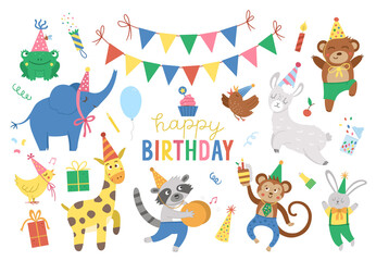 Obraz na płótnie Canvas Set of cute cheerful animals in party hats. Birthday party celebration clipart collection. Vector holiday pack with bright present, cake with candles, balloon, flags. Happy anniversary design