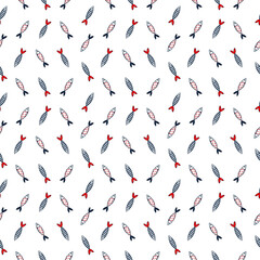 Fototapeta na wymiar Seamless Pattern with hand drawn colorful ornate Fishes. Colored Pencils Drawing in scandinavian style. Funny red blue babe background for print, textile, fabric, scrapbooking, wrapping paper, cover