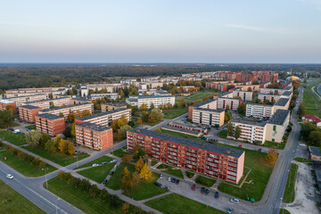 Aerial view of the city at sunset. Autumn vibes. 