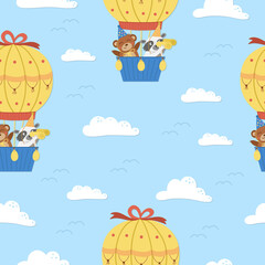 Vector seamless pattern with cute animals in hot air balloon and clouds. Holiday repeating background with adorable flying characters. Funny birthday digital paper for kids. .