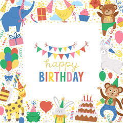 Fototapeta na wymiar Vector square frame with happy Birthday elements. Traditional anniversary party clipart. Funny design for banners, posters, invitations. Cute festive holiday card template with cute animals..