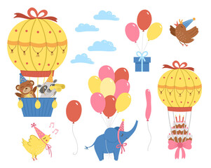 Vector set of hot air balloons, cute animals, birds and clouds. Adorable flying characters pack. Funny birthday clipart collection for card, poster, print design. Bright holiday party illustration
